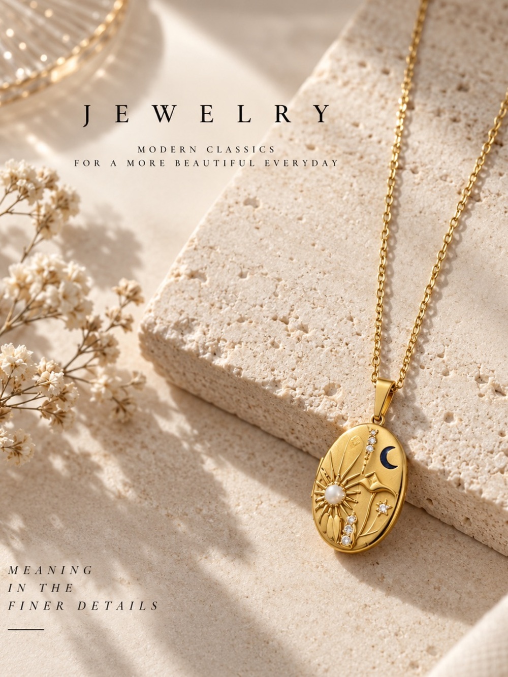 Gold Sun & Crescent Moon Oval Pendant Locket Necklace - Women's Fashion Jewelry